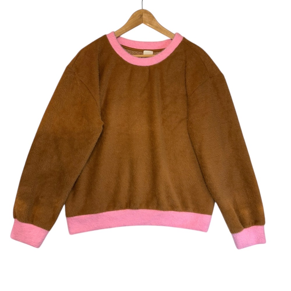 Anthropologie Maeve Cozy Ringer Fuzzy Sweatshirt Honey Brown and Pink NWT